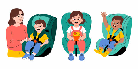 This cheerful image shows kids securely strapped into their car seats while smiling and enjoying a safe ride, emphasizing the importance of safety and joy in travel experiences.