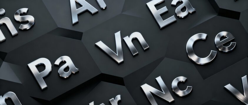Close-up of reflective silver element symbols mounted on dark hexagonal tiles, evoking a stylized periodic table with geometric, metallic texture.
