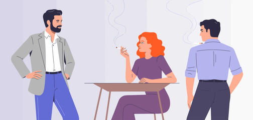 This image depicts three fashionable young adults, showcasing a playful social interaction with cigarettes, at a modern table amidst a minimalistic background.