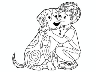 A heartwarming black and white illustration showcasing a young boy embracing a playful, patterned dog, emphasizing the bond between children and their pets.