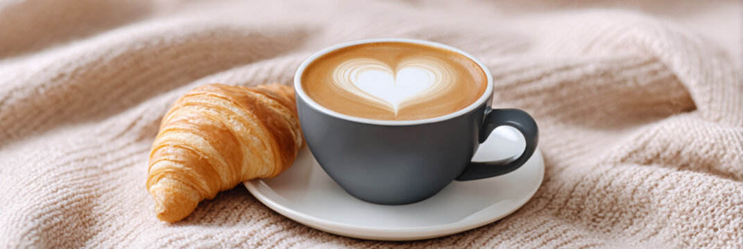Warm cup of coffee with heart-shaped latte art beside a flaky croissant on a cozy blanket, creating a comforting breakfast scene with inviting ambiance