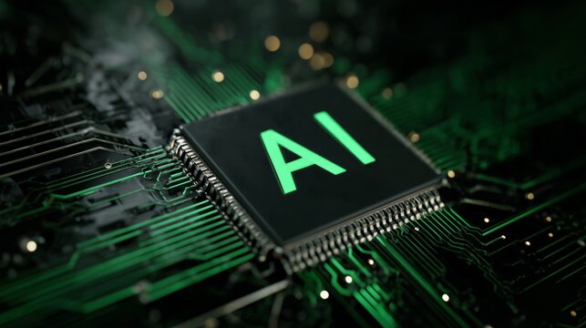Ai circuit board with glowing green text processing digital information