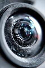Extreme close-up of a VR headset lens with water droplets on the surface, capturing precision optics and immersive technology
