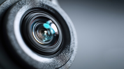 Macro closeup of VR headset lens with optical clarity, concentric reflections and matte housing in studio light