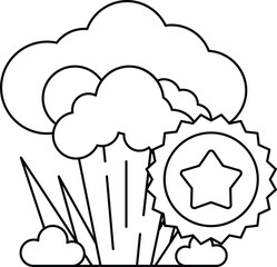 A white and black drawing of a cloud with a star and a circle