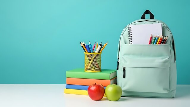 A light blue backpack filled with school supplies sits next to a stack of colorful books and a cup of pens on a white table against a turquoise background