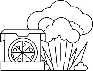 A box of pizza is sitting on a table next to a cloud of smoke