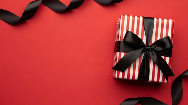 A festive gift box wrapped in red and white striped paper with a black satin ribbon bow presented on a vibrant red background with curling black ribbon accents perfect for celebrations