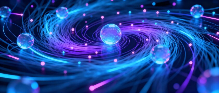 Abstract neon-blue and purple swirl of glowing strands and glassy spheres forming a dynamic vortex, evoking data networks, quantum particles, and fiber-optic energy flows. - Powered by Adobe