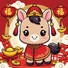 Adorable Cartoon Horse for 2026 Chinese New Year Cards