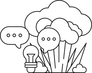 A drawing of a light bulb with two speech bubbles above it