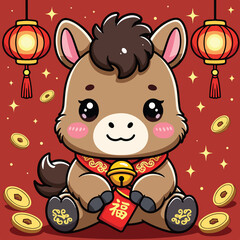 Lucky Golden Horse with Red and Gold Ornaments