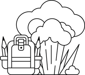 A backpack is sitting on the ground next to a tree