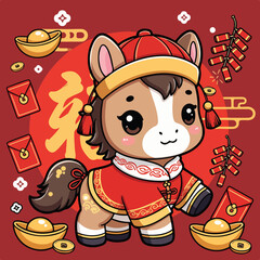 Smiling Chinese New Year Horse with Traditional Decor
