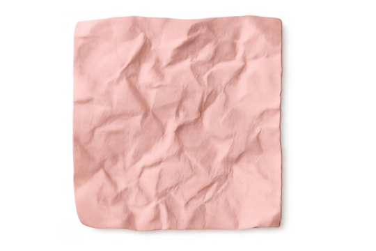 Crumpled pink paper square with wrinkled texture featuring abstract creases and rough irregular edges, transparent background