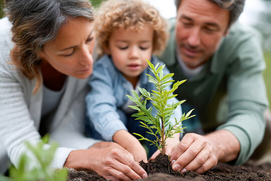 Family planting a young tree in the garden on a sunny day Generative AI
