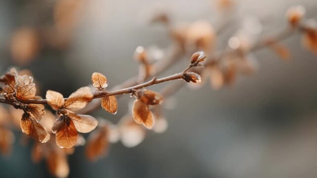 Close-up of a twig with tiny dried brown leaves against a soft, blurred background.