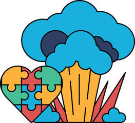 A heart is surrounded by a cloud of smoke and a piece of a puzzle