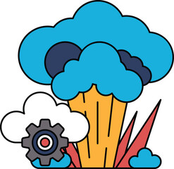 A black and white drawing of a cloud with a gear in the middle