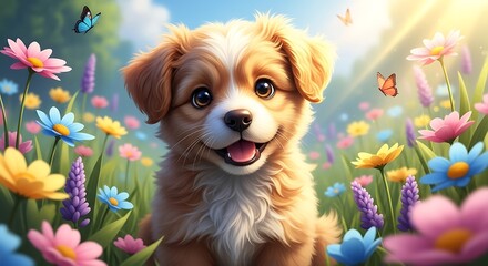 Cute puppy sitting in colorful flower garden