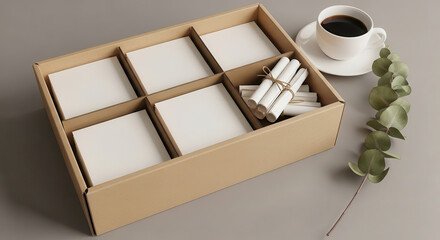 Advent calendar mock up featuring a cardboard box with empty compartments, rolled notes, and a cup of coffee, creating a cozy holiday atmosphere with copy space