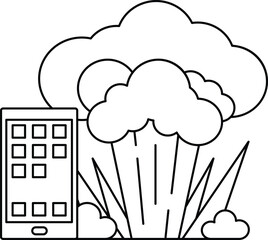 A black and white drawing of a cell phone and a cloud of smoke