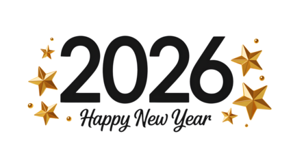 Happy new year greeting card featuring the year  with golden stars and black background design