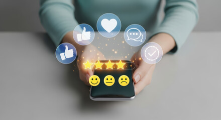 Female user interacting with smartphone displaying social media icons, showcasing feedback and engagement through emojis and ratings, emphasizing digital communication and connection