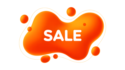 Orange blob with sale text and small spheres on a black background for promotion purposes
