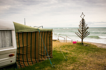 Christmas in the southern hemisphere - outdoor decorations for camping at a New Zealand beach