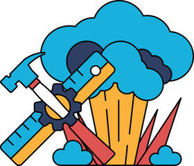 A black and white drawing of a hammer and a ruler with a cloud in the background