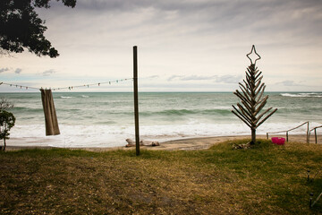 Christmas in the southern hemisphere - outdoor decorations for camping at a New Zealand beach