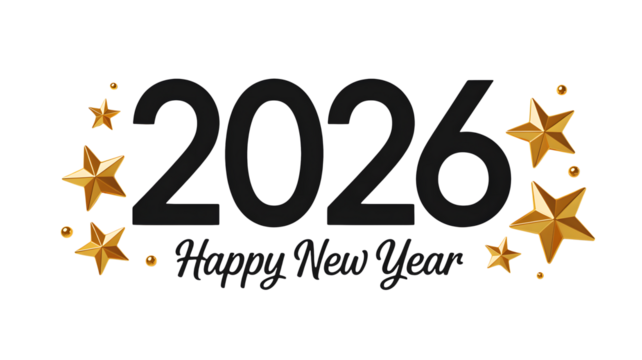 Happy new year greeting card featuring the year  with golden stars and black background design