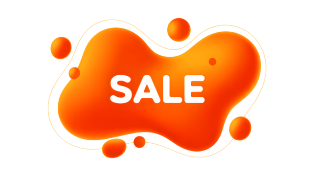 Orange blob with sale text and small spheres on a black background for promotion purposes