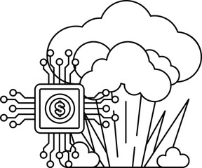 A black and white drawing of a computer chip with a dollar sign on it