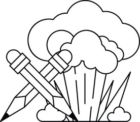 A drawing of a pencil and two pencils with a cloud in the background