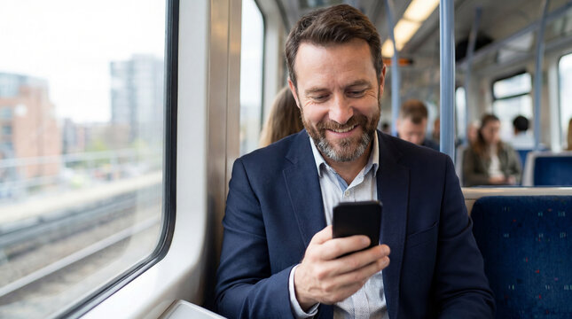 Businessman using mobile phone in train, smiling and looking at camera