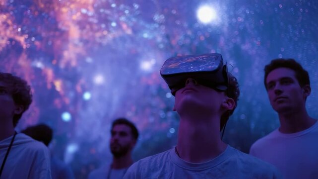 People wearing virtual reality headsets at a colorful, galaxy-inspired event.