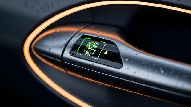 Close up of a futuristic car door handle with illuminated fingerprint sensor unlocking system in