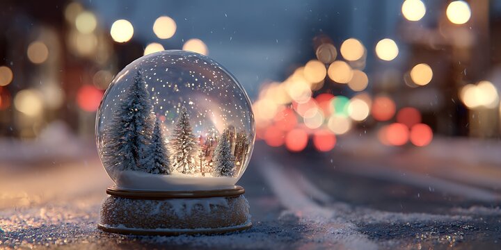Shiny blue Christmas globe in the snow and on a festive holiday tree with silver snowflake decoration