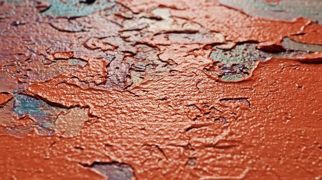 Distressed Terracotta Paint Texture: Close-up of Cracked, Flaky, and Peeling Rust-Orange Paint Revealing Underlying Blue Tones on an Aged, Grunge S...