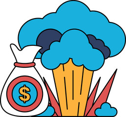 A white and black drawing of a bag with a dollar sign on it and a cloud of smoke