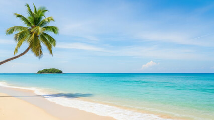 Tropical beach scene with palm tree island and clear turquoise waters