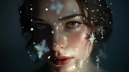 Close-up of a woman's face pressed against a frosted window with snowflakes on the glass.
