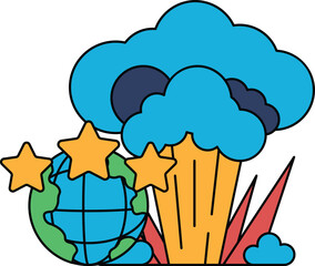 A black and white drawing of a planet with a star and a cloud