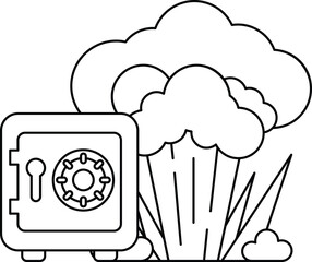 A black and white drawing of a bank vault with a cloud of smoke coming out of it