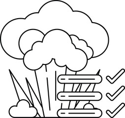 A black and white drawing of a cloud with a broccoli and a stack of books