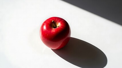 Fresh, shiny red apple casting a strong shadow on a clean white surface, perfect for health, wellness, or simple pleasures advertising