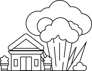 A house is shown next to a large cloud of smoke