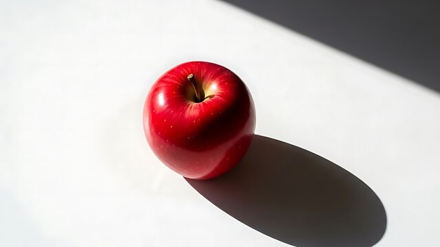 Fresh, shiny red apple casting a strong shadow on a clean white surface, perfect for health, wellness, or simple pleasures advertising